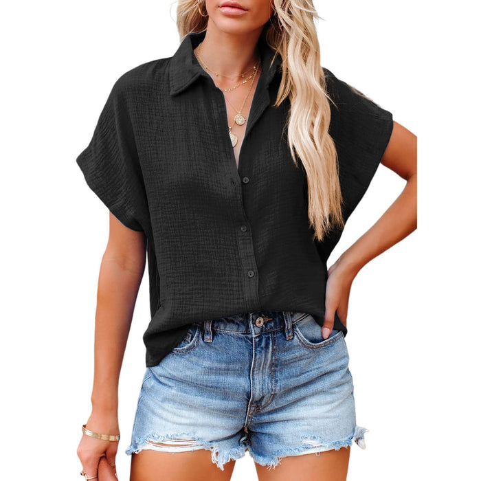 Summer Casual V Neck Button Shirt Women Solid Color Short Sleeve Shirt Top