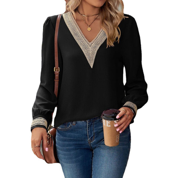 Solid Color V neck Long Sleeve Loose Ruffled Stitching Contrast Color Chiffon Blouses Women