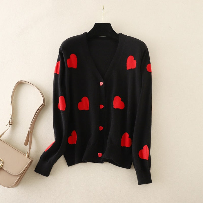 Classic Love V neck Pearl Heart Shaped Single Breasted Knitted Sweater Cardigan Women Cute Top