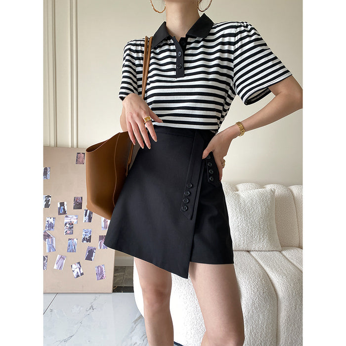 Polo Collar Striped T-shirt Suit Skirt Set Women Two-Piece Suit Summer