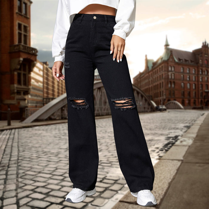 High Street Wide Leg Pants Black Ripped Loose Straight Denim Trousers for Women