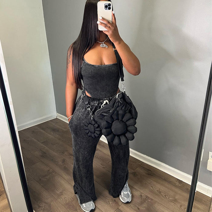 Fall Women Clothing Work Clothes Lace up Sexy High Waist Straight Women Casual Pants