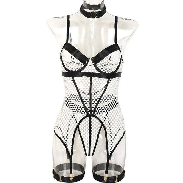 Sexy Skirt Three Piece Set At Large Mesh Stitching with Steel Ring Halter Leg Ring Underwear