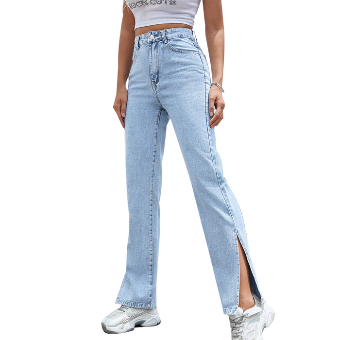 Fashionable Denim Trousers Women Split Wide Leg Straight Loose High Waist Slimming Trousers