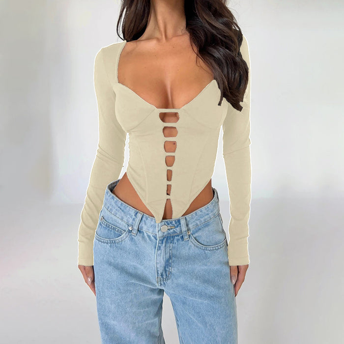 Hollow Out Cutout Long Sleeved Top Autumn Sexy Waist Slimming Autumn Clothes for Women