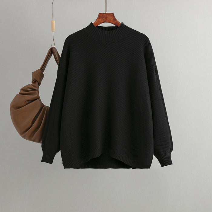 Autumn Winter Retro Loose Oversized Long Sleeves Top Solid Color Pullover Sweater Women Mock Neck Sweater Bottoming Shirt