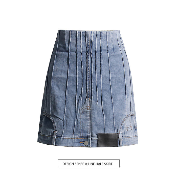 Summer Denim Skirt Abstract Design First Contrast Color High Waist A  line Sheath Skirt Slimming Skirt