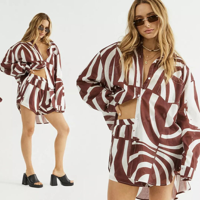 Spring Summer Beach Casual Suit Women  Loose Collared Long Sleeves Shirt Shorts Two Piece Women  Clothing