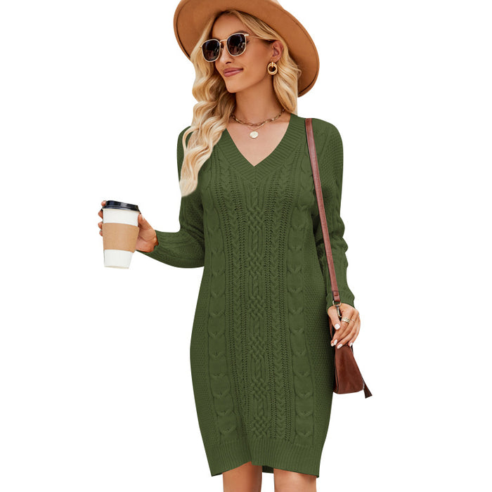 Women Clothing Solid Color V neck Long Sweater Dress Fall Winter Elegant Twisted Base Knitting Dress