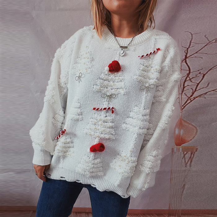 Handmade Pearl Christmas Theme Sweater Three Dimensional Decoration Year Holiday Sweater Pullover