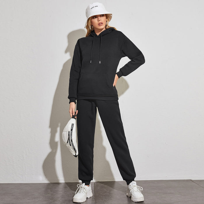 Casual Suit Fleece Drop Shoulder Solid Color Hooded Sweatshirt Sweatpants Delivery