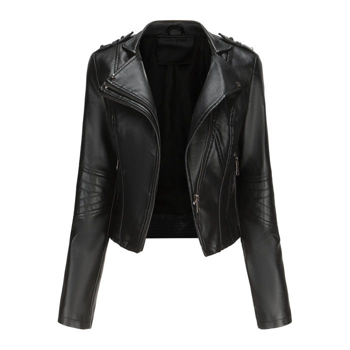 Slim Fit Long Sleeved Spring Autumn Leather Jacket Women Rivet Popular Short Jacket Zipper Leather Jacket