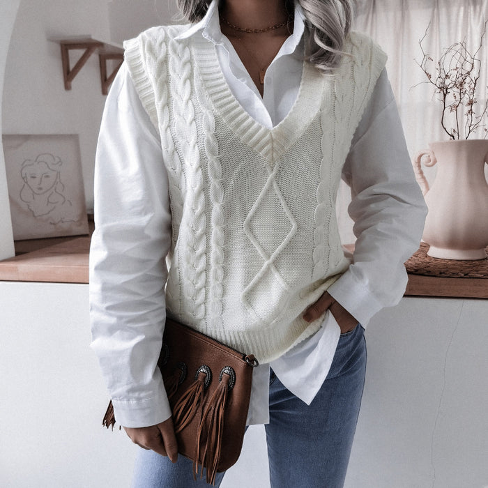 Autumn Winter V neck Twist Casual Loose Knitted Vest Sweater Waistcoat Women Clothing