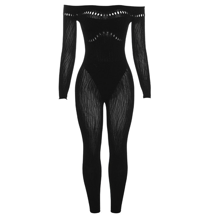 Fall Women Clothing Sexy off the Shoulder Hollow Out Cutout Knitted High Waist Tight Jumpsuit