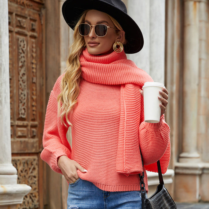 Loose Autumn Winter Sweater Idle Solid Color round Neck Pullover Scarf Knitwear Sweater for Women