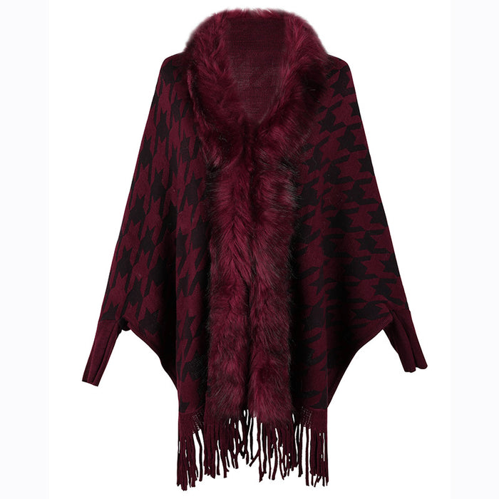 Tassel Cloak Autumn Winter Contrast Color Houndstooth Fur Collar Inverness Women