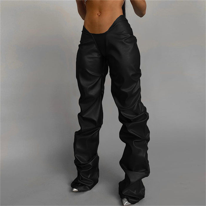 Fall Women Clothing Pleated Poly Urethane Leather Sexy Low Waist Street Straight Casual Trousers