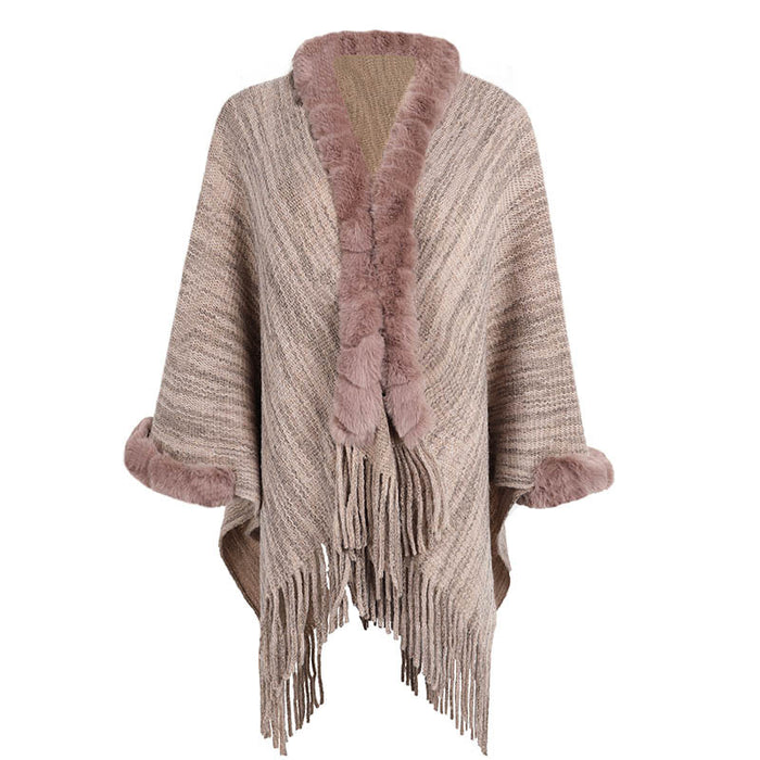 Autumn Winter Tassel Cape Shawl Sweater Women Fur Collar Cardigan Coat