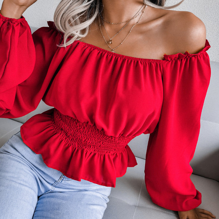 Real Shot Autumn Winter Sexy Off Shoulder Off Shoulder Hem Ruffled Chiffon Shirt Top Women Clothing