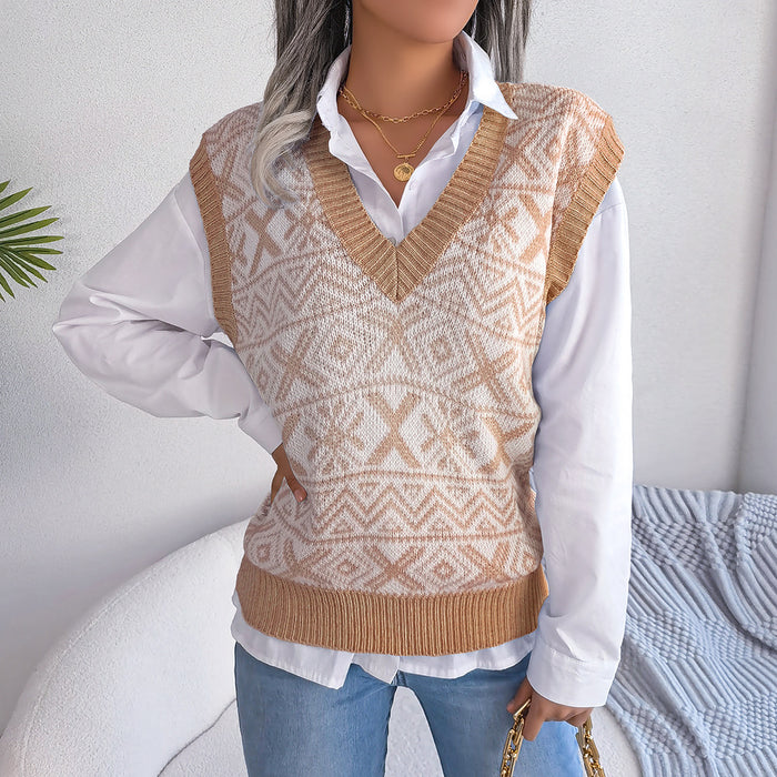 Autumn Winter Christmas Snowflake Pattern V-neck Knitted Vest Sweater Women Clothing