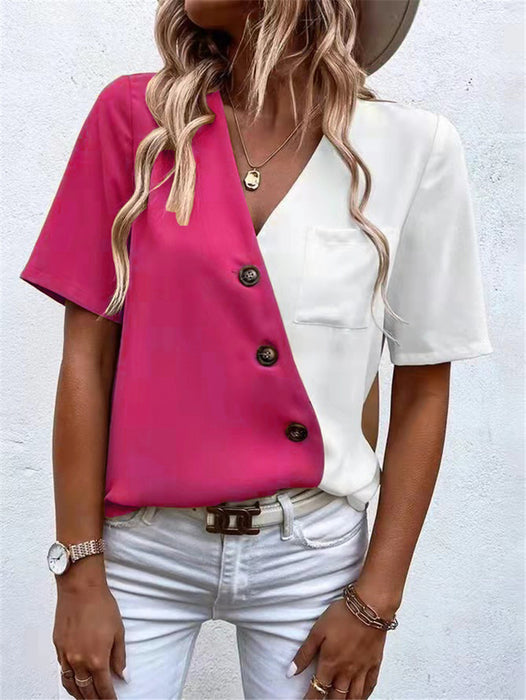 Wish Summer Women Clothing V-neck Chiffon Contrast Color Short Sleeve Shirt Top