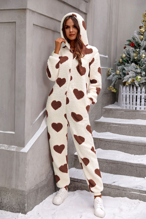 Women Clothing Autumn Winter Plush Loving Heart Printed Christmas Hooded Jumpsuit