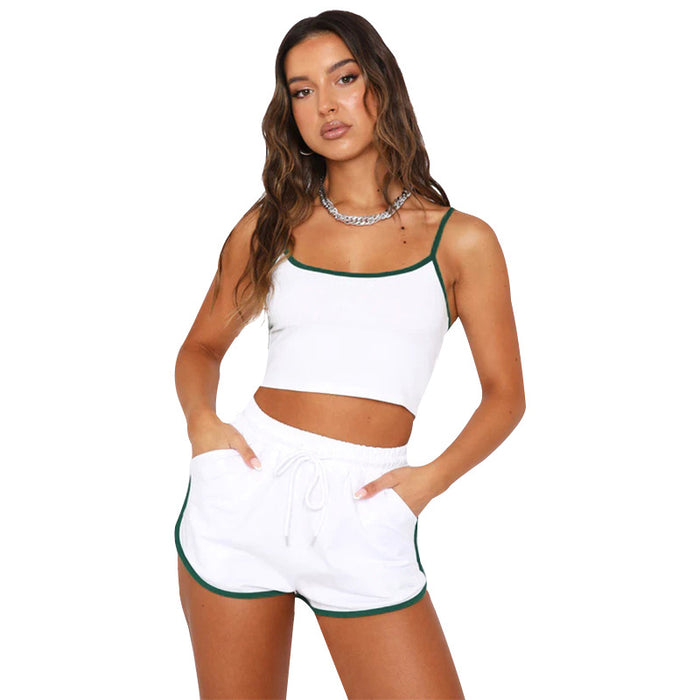 Summer Solid Color Sexy Spaghetti Straps Cropped Vest Top Women Drawstring Pants Suit