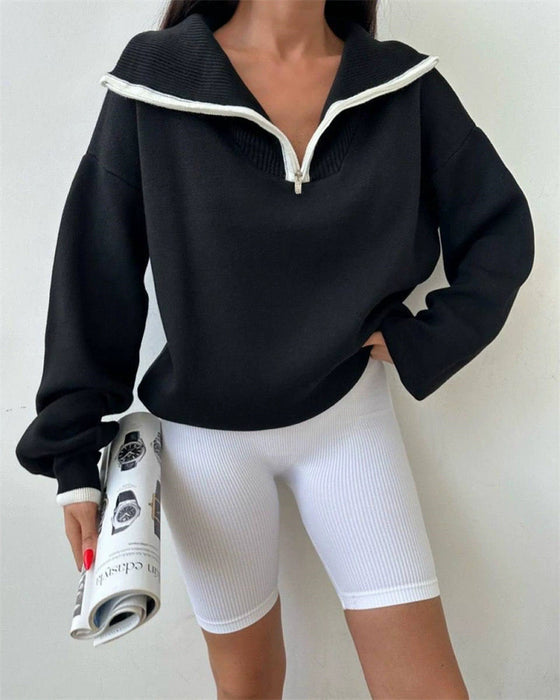 Color Matching Turtleneck Polo Zipper Sweater Women Autumn Winter Thick Long Sleeve Casual Loose Sweater