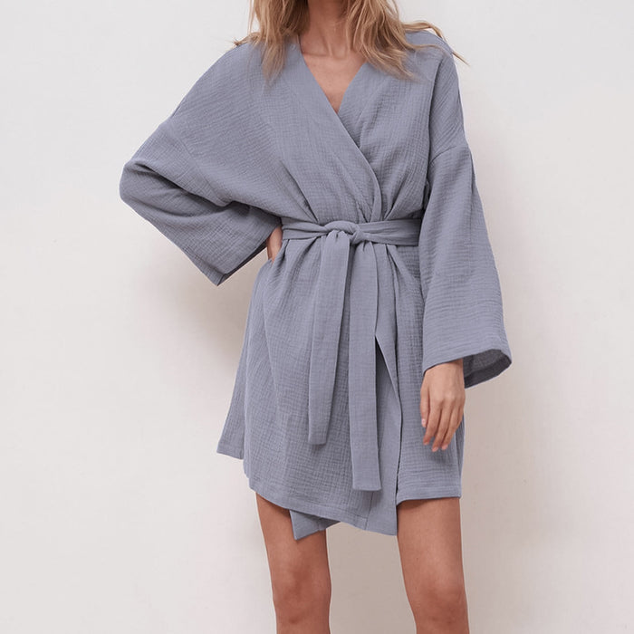 Autumn Long Sleeve Bathrobe Robe Double Layer Crepe Pajamas Women  Summer Home Sauna Clothes Sweat Steaming Bathrobe