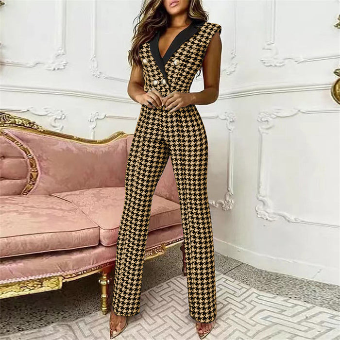 Spring Summer Women Clothing  Color Matching Button V-neck Sleeveless Houndstooth Jumpsuit Business Wear for Women