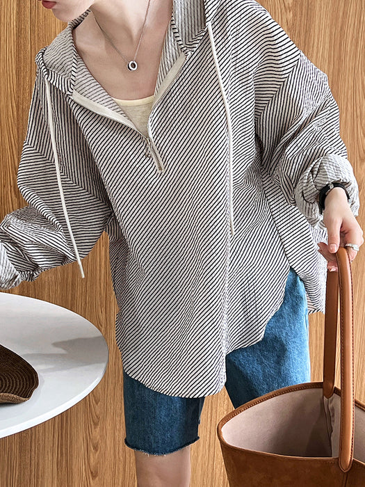 Idle Striped Casual Hooded Shirt Women Design Half Thin Coat with Zip Breathable Top