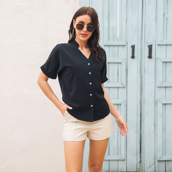 Shot Sleeve Stand Collar Shirt Women Batwing Sleeve Short Sleeve Shirt Summer Women Clothing