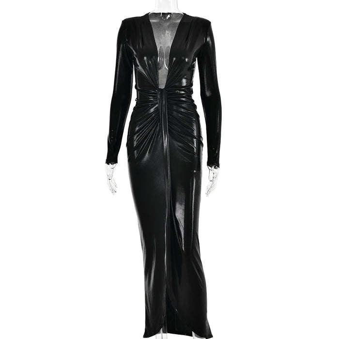 Metallic Coated Fabric Dress Sexy Glossy V neck Long Sleeve Stitching Ruffle Hip Leather Dress