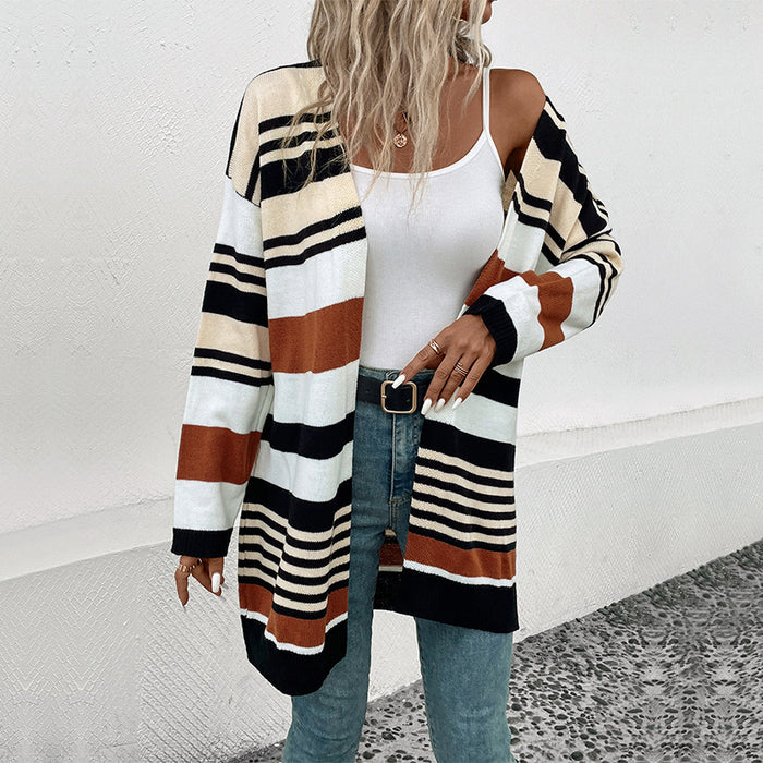 Autumn Winter Women Color Matching Long Sweater Cardigan