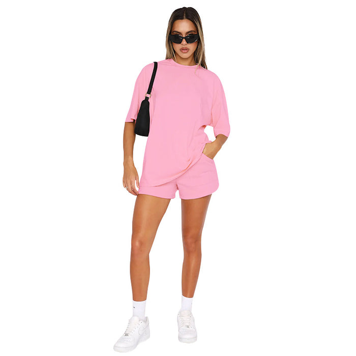 Solid Color round Neck Half Sleeve Pullover Top Women Clothing Casual Shorts Suit Summer