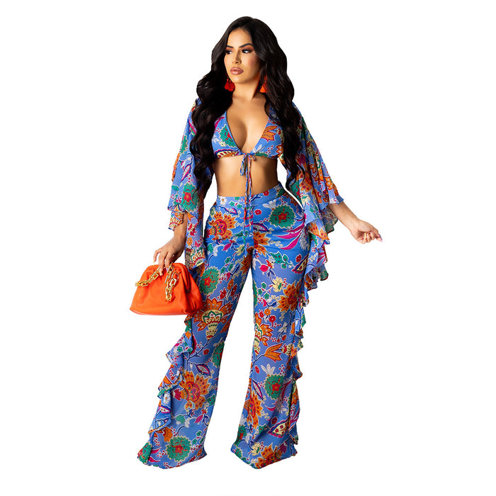 Sexy Women Wear Featured Floral Mesh Two Piece Set