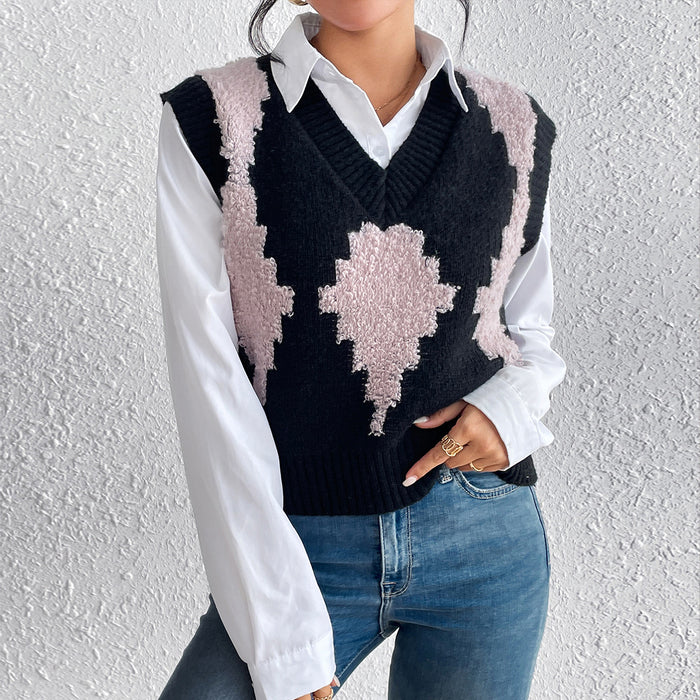 Autumn Winter Simple Color Contrast Patchwork Diamond Lattice Pullover Vest Knitted