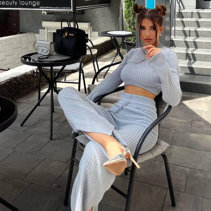 Casual Set Short Cropped Cropped Knitted Long Sleeved Top Special Split Straight Leg Pants Two Piece Set