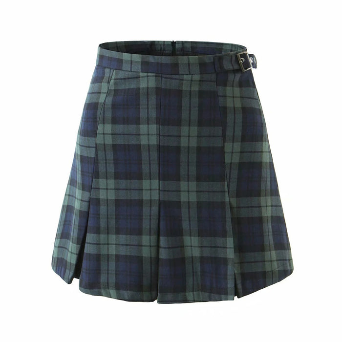 Four Seasons A Line Scottish Plaid Elastic Four Colors With Zipper Cotton Pleated Base Short Pantskirt