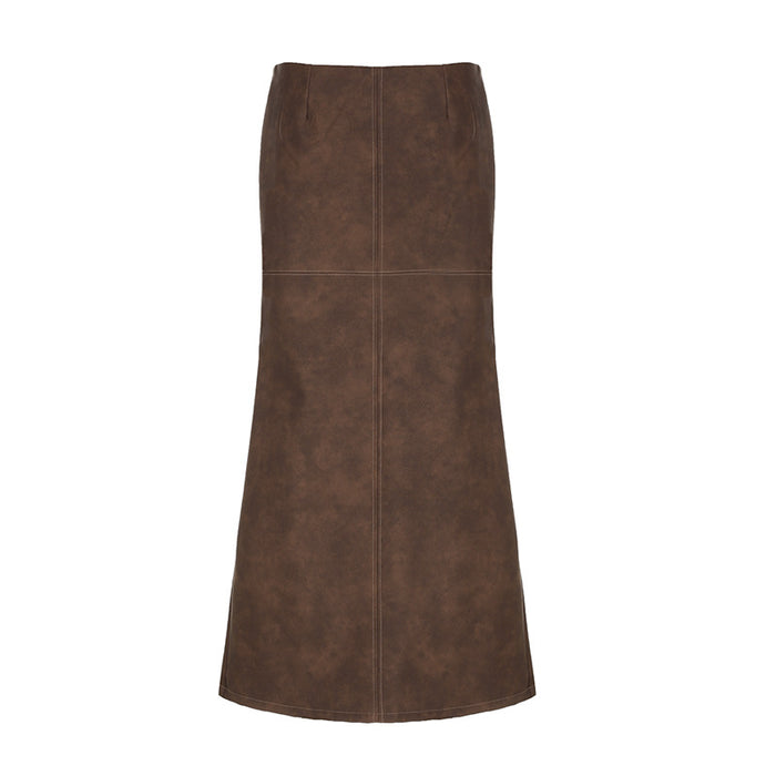 Retro Brown Back Slit Leather Dress Women Early Autumn Low Waist Hip Wrapped Skirt