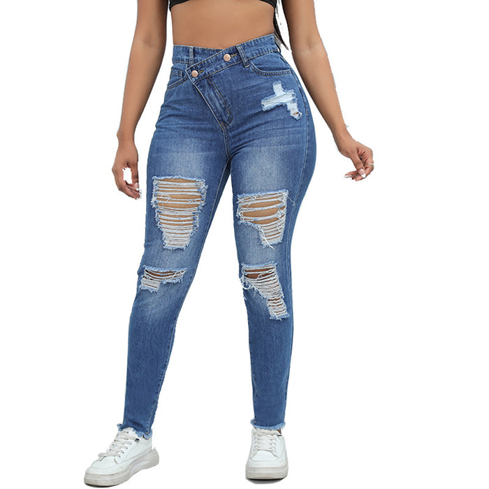 Autumn High Quality Design Diagonal Buckle Women High Waist Skinny Jeans