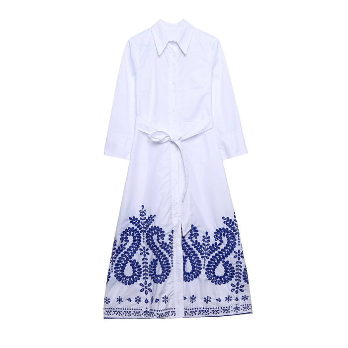 Spring Summer Street Women Dress Eyelet Embroidered Shirt Dress