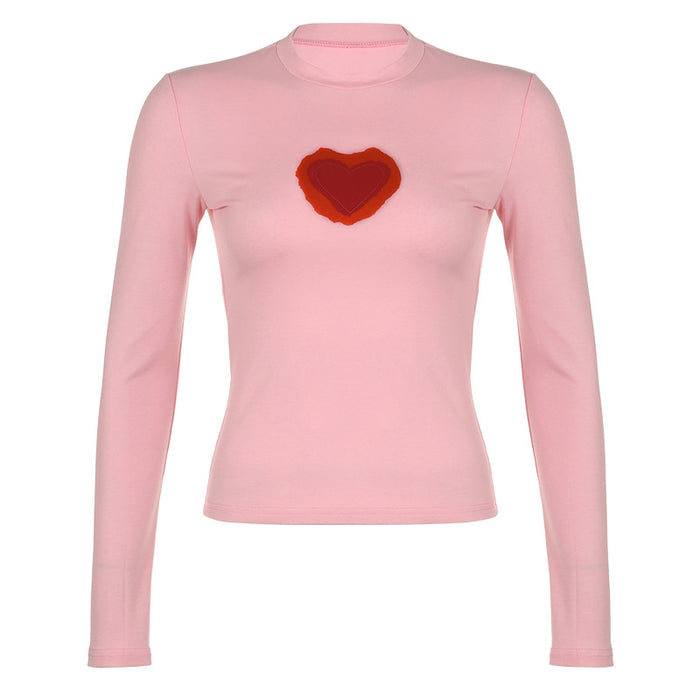 Sweetheart Girlish Gradient Heart Printing T shirt Autumn Slim Bottoming Shirt Top