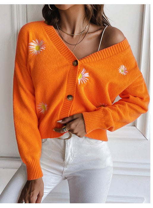 Sweet Women Clothing Small Chrysanthemum Embroidery V Neck Sweater Coat Autumn Winter Loose Knitted Cardigan