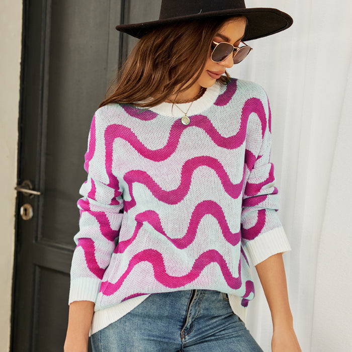 Casual Pullover Loose Long Sleeved Sweater round Neck Wave Pattern Contrast Color Sweater