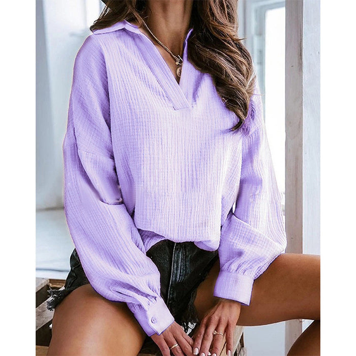 Autumn Winter Polo Collar Lantern Long Sleeve Solid Color Shirt Women Top