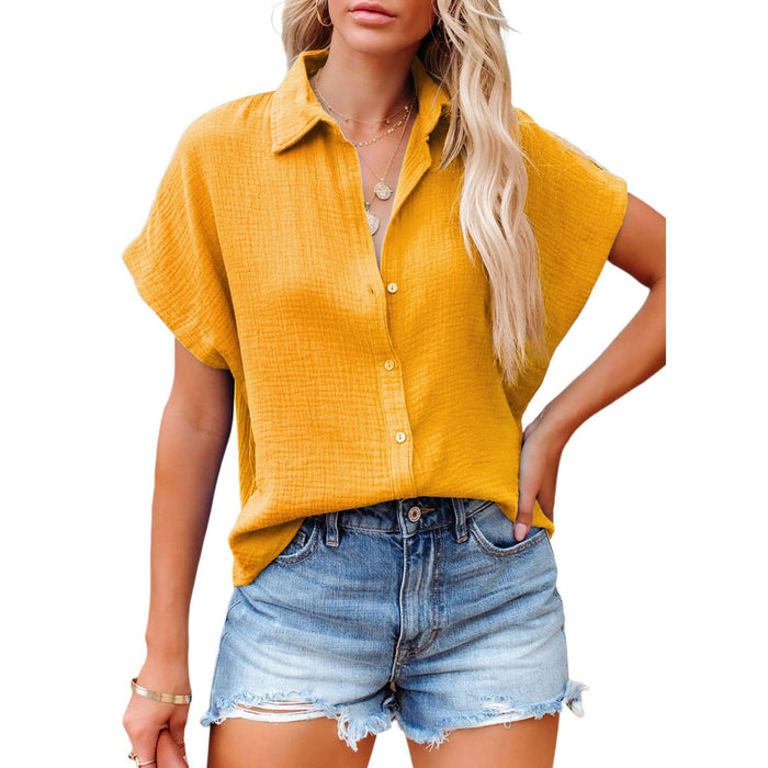 Summer Casual V Neck Button Shirt Women Solid Color Short Sleeve Shirt Top