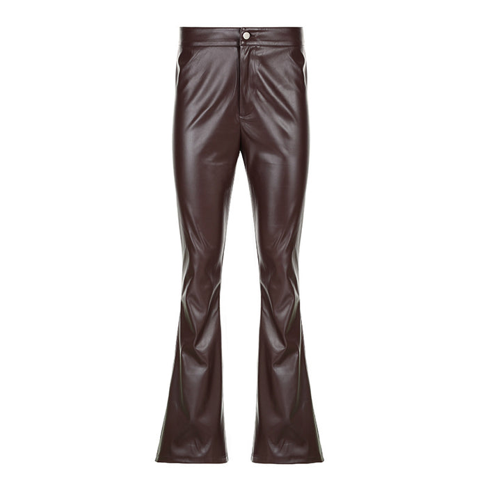 Retro Women Brown Skinny Leg Straight High Waist Leather Pants Sexy Personalized Slim Looking All Match Hip Lifting Casual Trousers