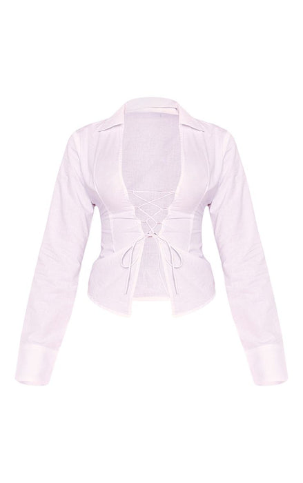 Sexy Solid Color Women  Lace Up Placket Cropped Shirt Women