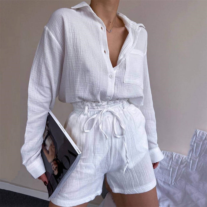 Women  Clothing Suit Pure Cotton Summer Collared Long Sleeve Shirt High Waist Pocket Shorts Two Piece Set